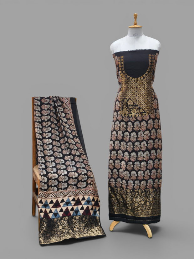 Premium Dola Silk Ajrakh Hand Block Print Natural Dye 2-Piece Suit with Zari Border Dupatta