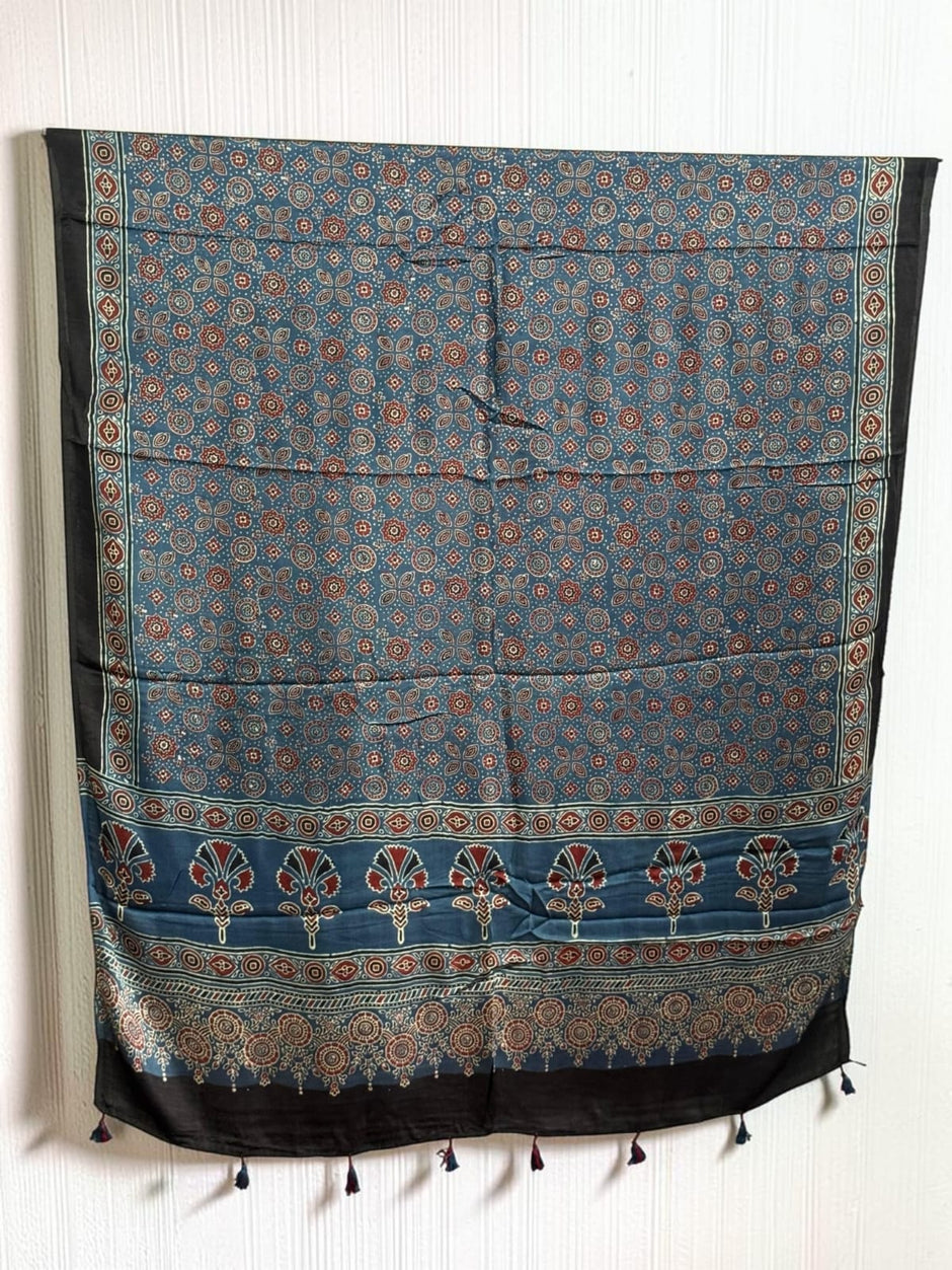 Ajrakh Modal Silk Natural Dye Dupatta with Tassels 36 - The Ajrakh Studio