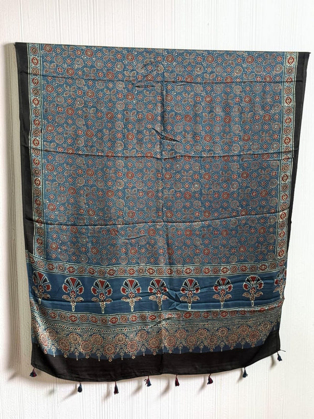 Ajrakh Modal Silk Natural Dye Dupatta with Tassels 36 - The Ajrakh Studio