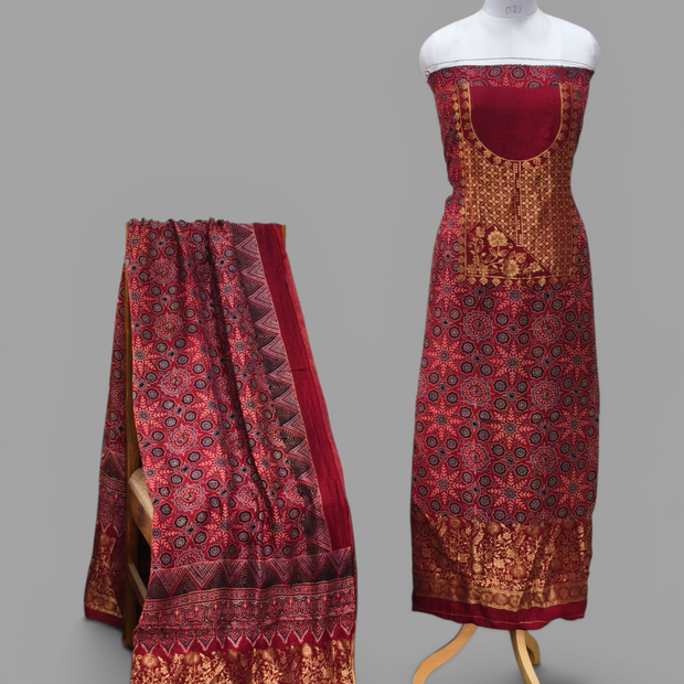 Premium Dola Silk Ajrakh Hand Block Print Natural Dye 2-Piece Suit with Zari Border Dupatta