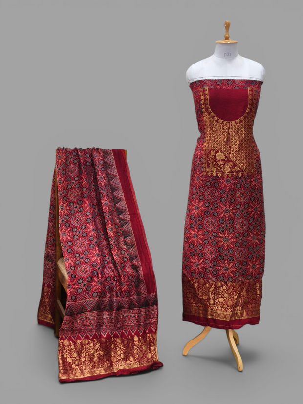 Premium Dola Silk Ajrakh Hand Block Print Natural Dye 2-Piece Suit with Zari Border Dupatta