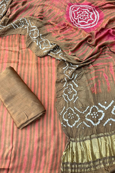 Brown g & pink Modal Silk Tie & Dye Bandhani Dupatta 3 Piece Suits