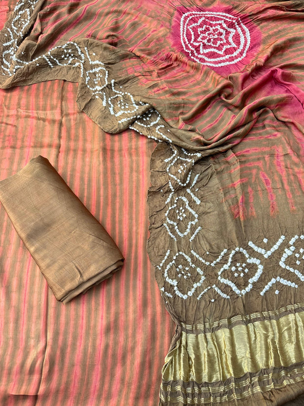Brown g & pink Modal Silk Tie & Dye Bandhani Dupatta 3 Piece Suits