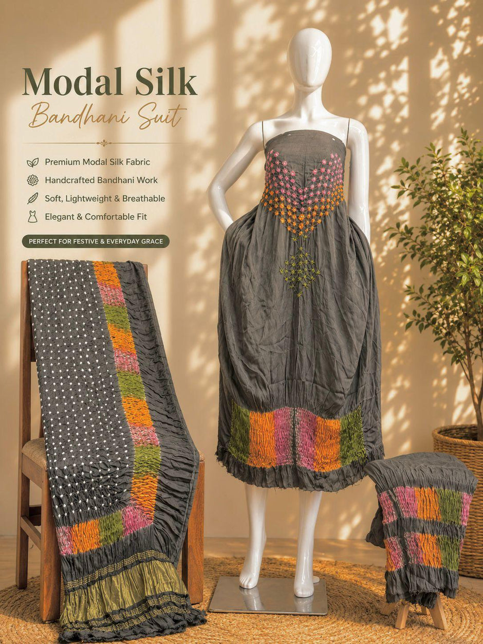 Premium Modal Silk Shibori & Bandhani 3 Piece Suit Set with Zari Pallu Dupatta | Women's Unstitched Dress Material