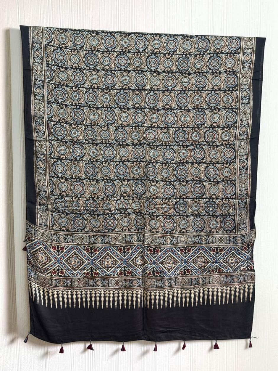 Ajrakh Modal Silk Natural Dye Dupatta with Tassels 40 - The Ajrakh Studio