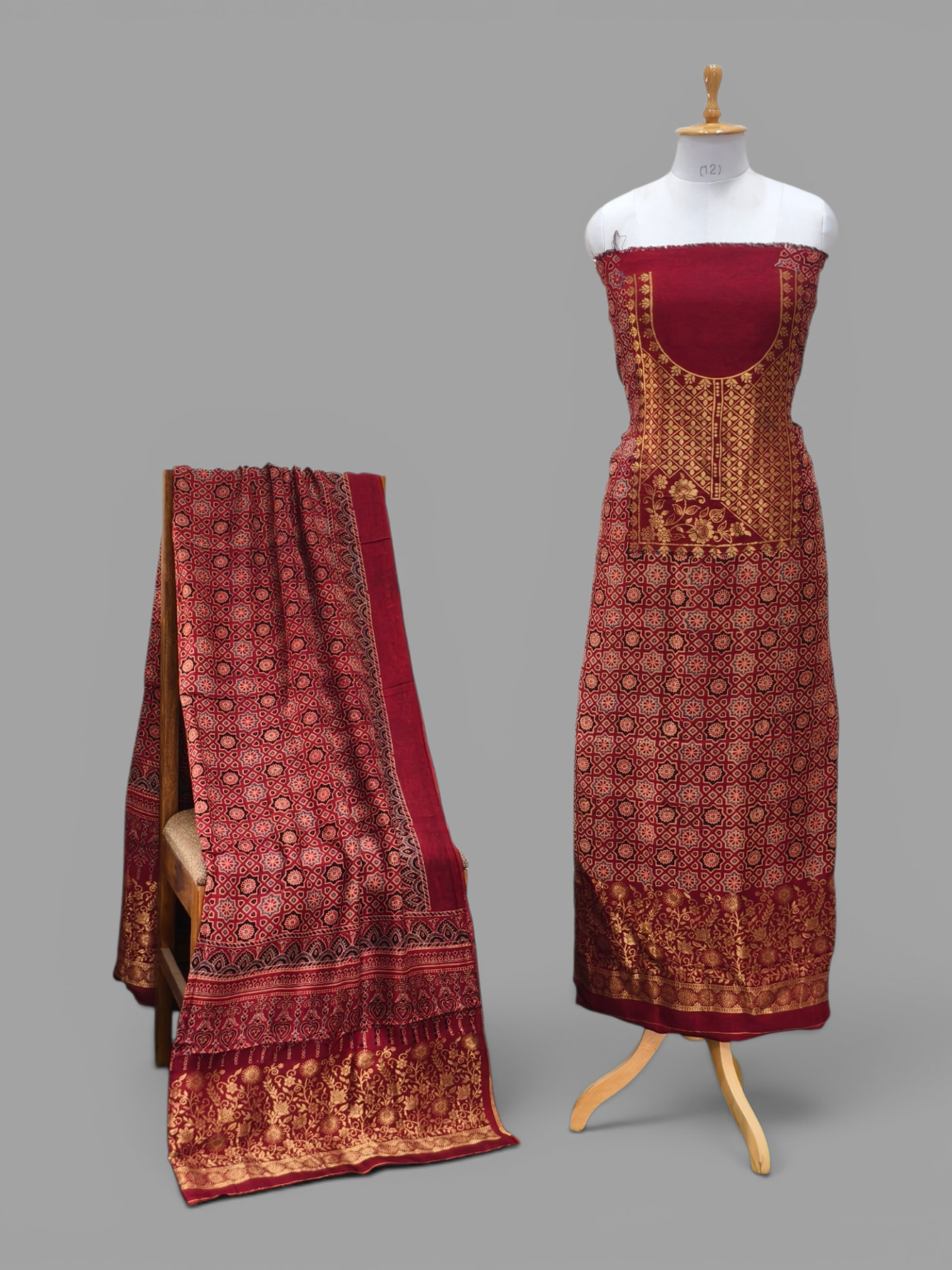 Premium Dola Silk Ajrakh Hand Block Print Natural Dye 2-Piece Suit with Zari Border Dupatta