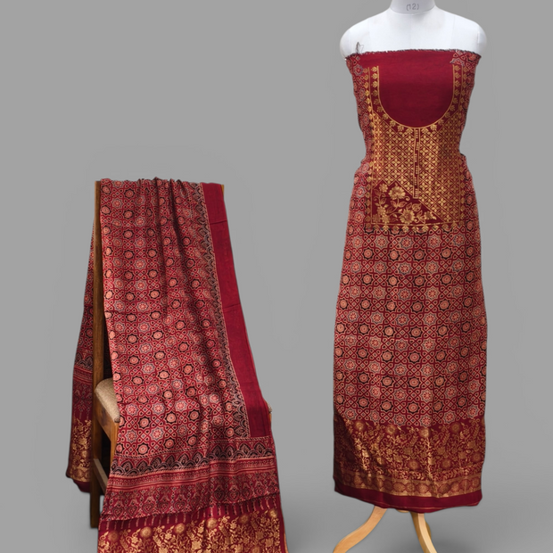 Premium Dola Silk Ajrakh Hand Block Print Natural Dye 2-Piece Suit with Zari Border Dupatta