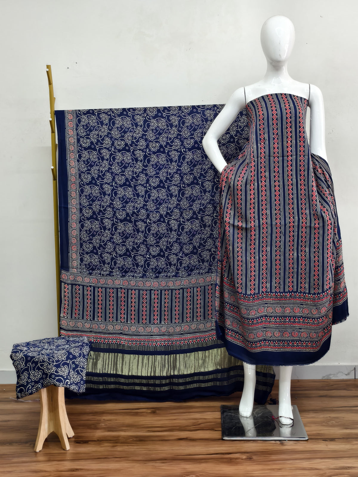 Havi Modal Silk Ajrakh Neptol Dye & Discharge Print Panel Design 3-Piece Suit - The Ajrakh Studio