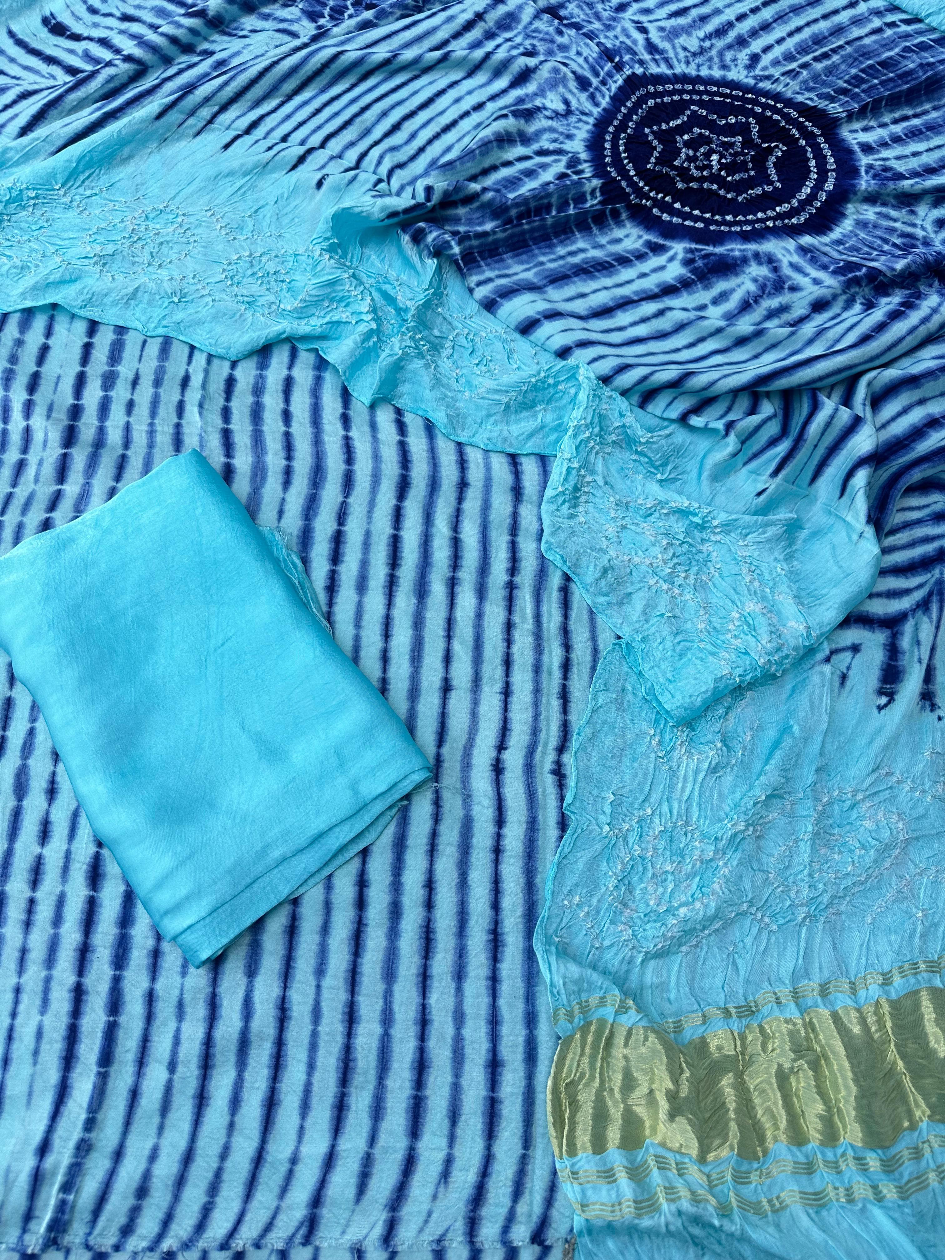 Cyan & blue Modal Silk Tie & Dye Bandhani Dupatta 3 Piece Suits