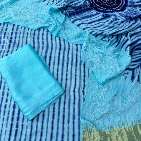 Cyan & blue Modal Silk Tie & Dye Bandhani Dupatta 3 Piece Suits