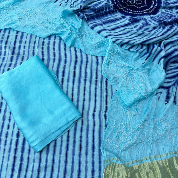 Cyan & blue Modal Silk Tie & Dye Bandhani Dupatta 3 Piece Suits