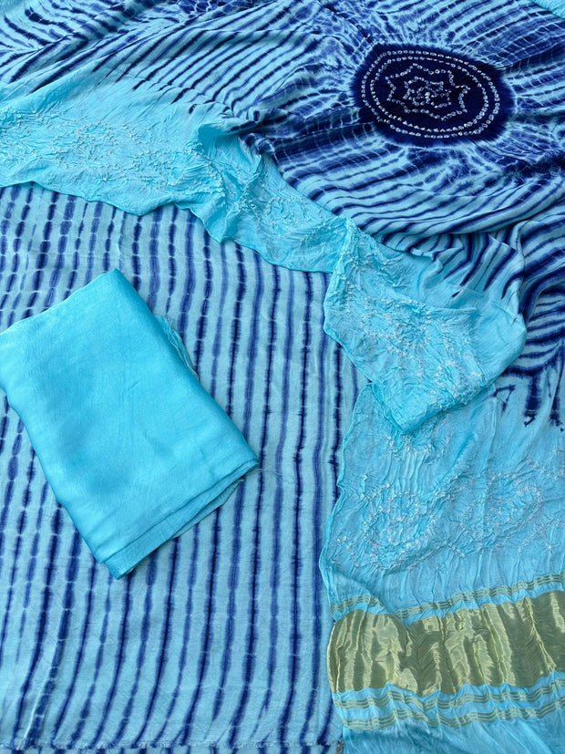 Cyan & blue Modal Silk Tie & Dye Bandhani Dupatta 3 Piece Suits