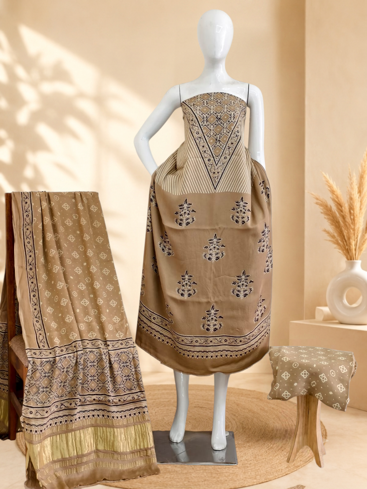 Premium Ajrakh Hand Block Print Modal Silk 3-Piece Suit Set with Zari Pallu Dupatta