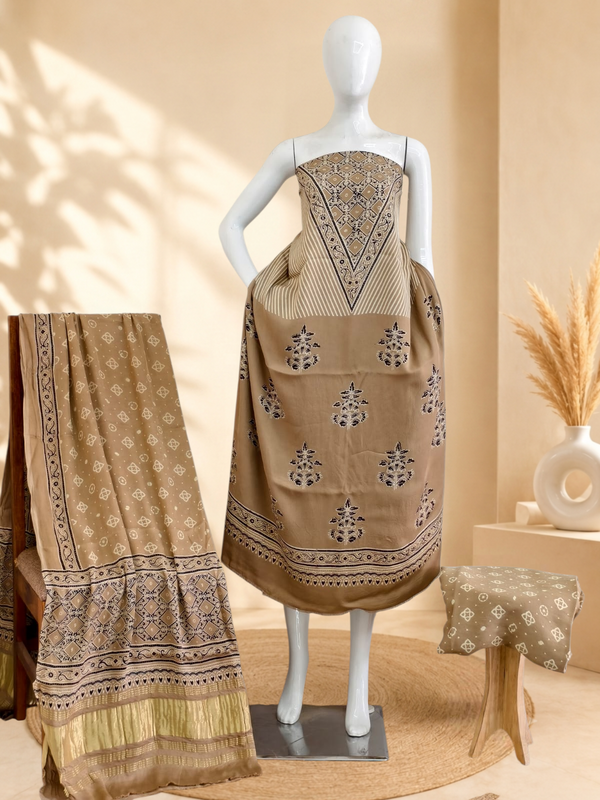 Premium Ajrakh Hand Block Print Modal Silk 3-Piece Suit Set with Zari Pallu Dupatta