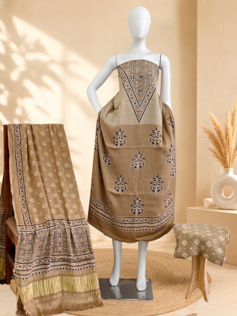 Premium Ajrakh Hand Block Print Modal Silk 3-Piece Suit Set with Zari Pallu Dupatta