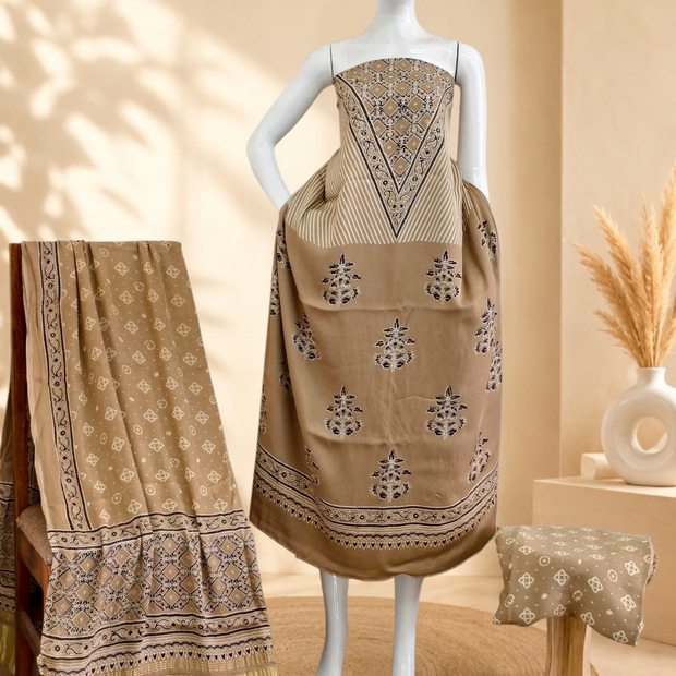 Premium Ajrakh Hand Block Print Modal Silk 3-Piece Suit Set with Zari Pallu Dupatta