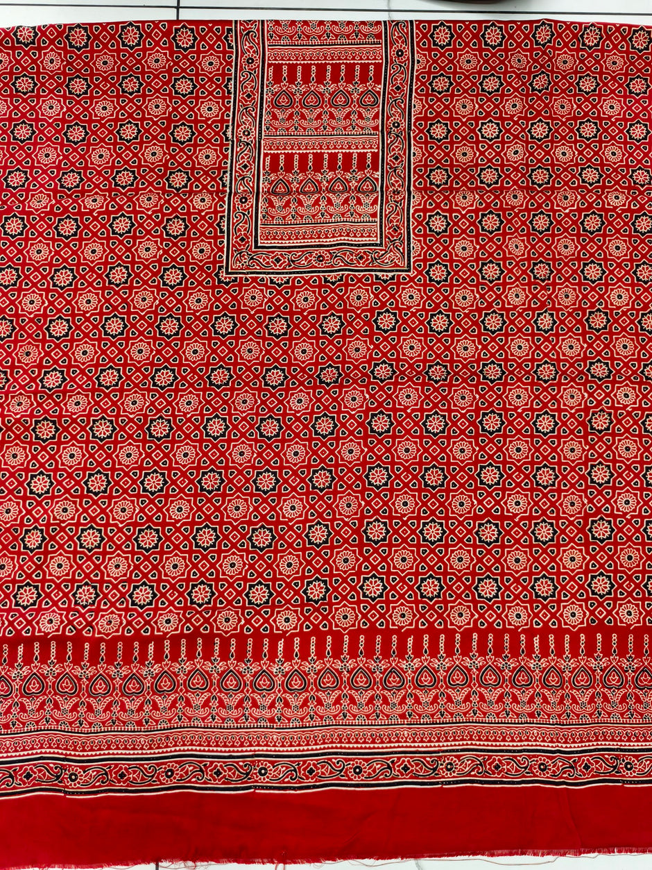 Premium Ajrakh Hand Block Print Modal Silk 3-Piece Suit Set with Zari Pallu Dupatta