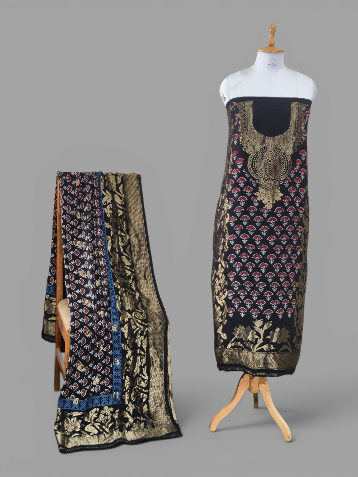 Premium Dola Silk Ajrakh Hand Block Print Natural Dye 2-Piece Suit with Zari Border Dupatta