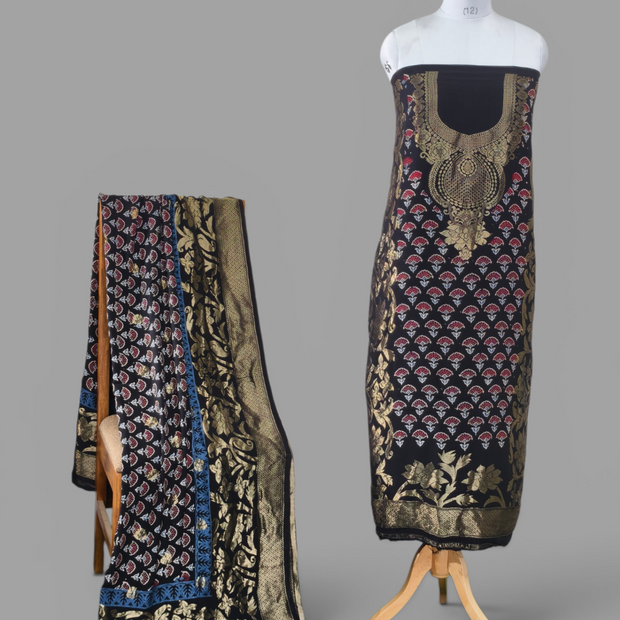 Premium Dola Silk Ajrakh Hand Block Print Natural Dye 2-Piece Suit with Zari Border Dupatta