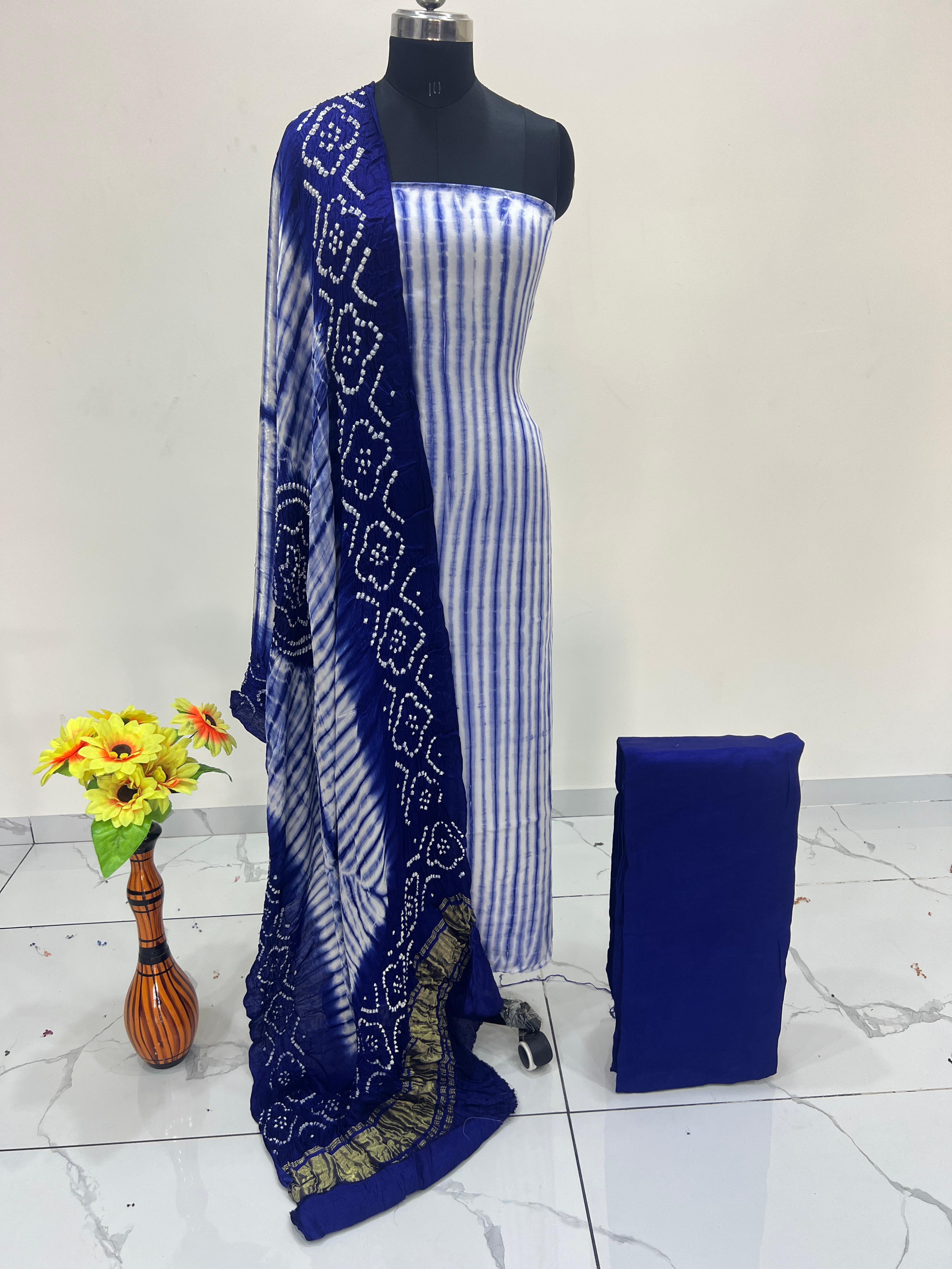 Blue & White Modal Silk Tie & Dye Bandhani Dupatta 3 Piece Suits