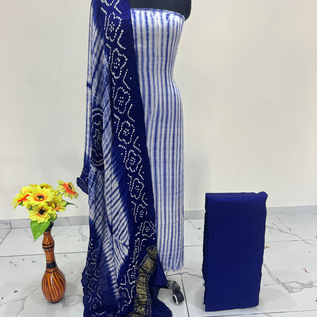 Blue & White Modal Silk Tie & Dye Bandhani Dupatta 3 Piece Suits