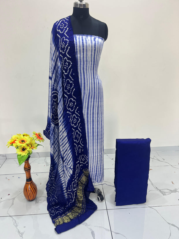 Blue & White Modal Silk Tie & Dye Bandhani Dupatta 3 Piece Suits