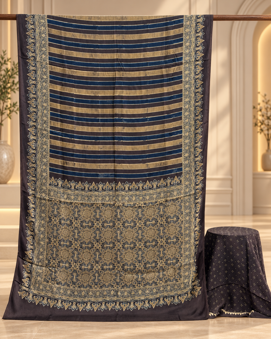 Elegant Modal Silk Ajrakh Hand Block Print Natural Dye Saree - The Ajrakh Studio