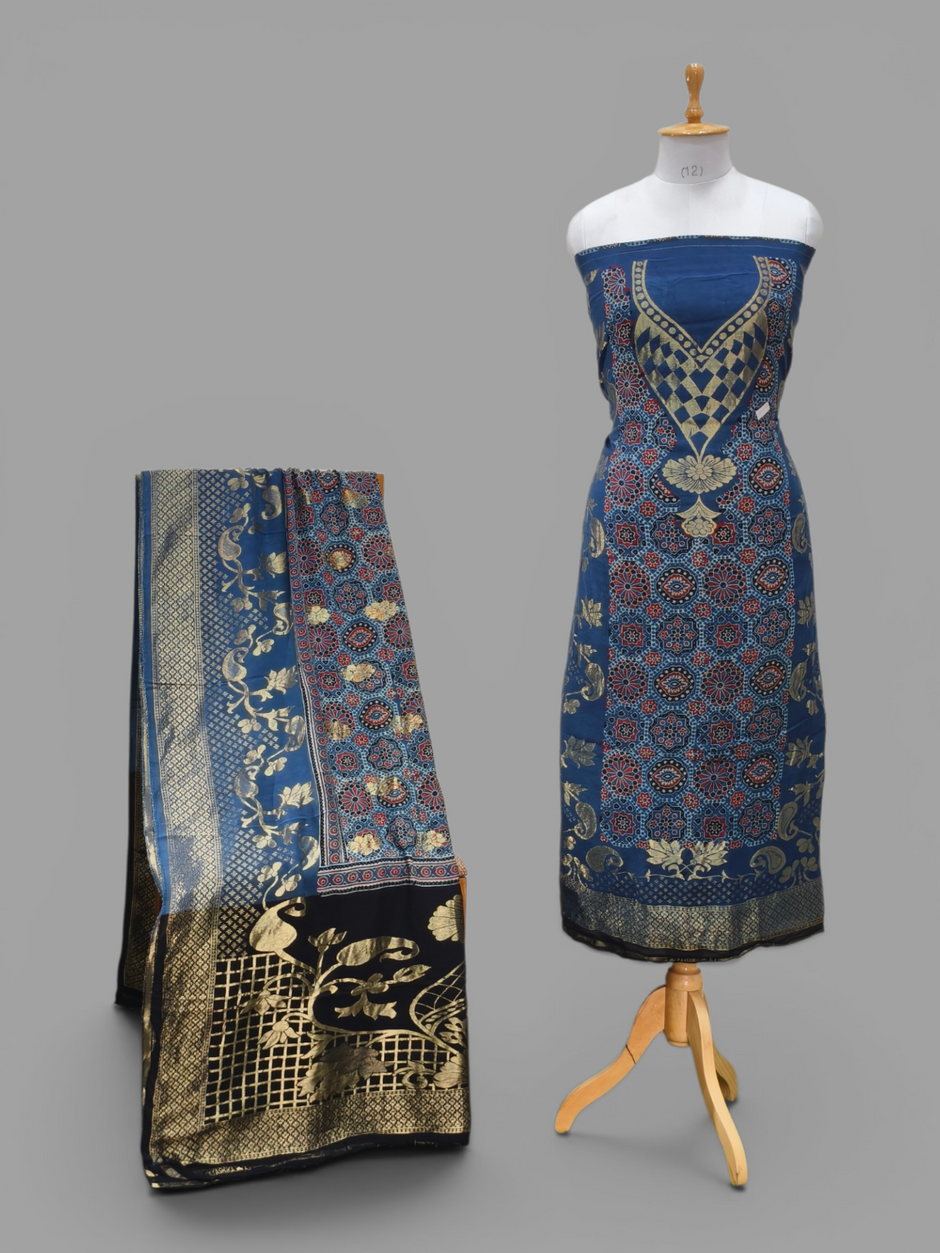 Premium Dola Silk Ajrakh Hand Block Print Natural Dye 2-Piece Suit with Zari Border Dupatta
