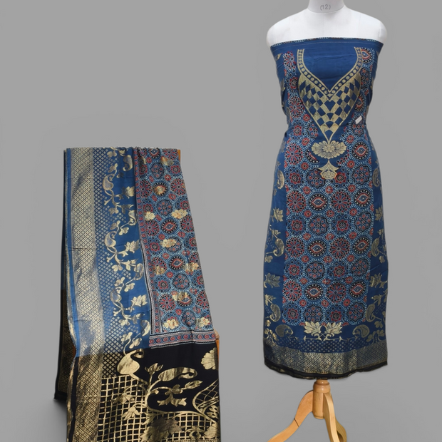 Premium Dola Silk Ajrakh Hand Block Print Natural Dye 2-Piece Suit with Zari Border Dupatta