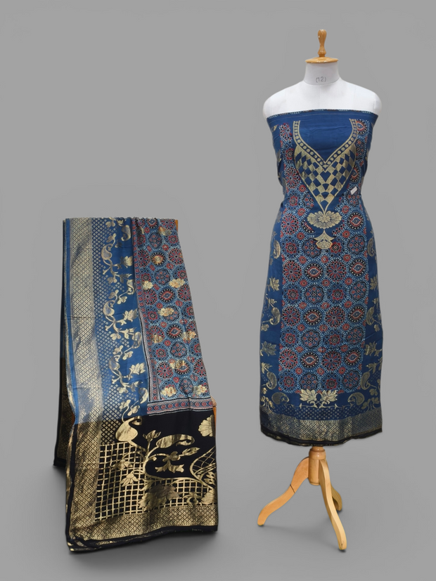 Premium Dola Silk Ajrakh Hand Block Print Natural Dye 2-Piece Suit with Zari Border Dupatta