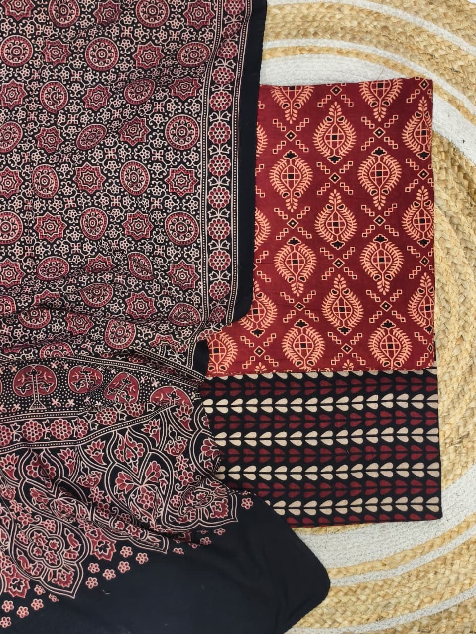 Pure Cotton Ajrakh Screen Print Natural Dye 3-Piece Suit 06 - The Ajrakh Studio