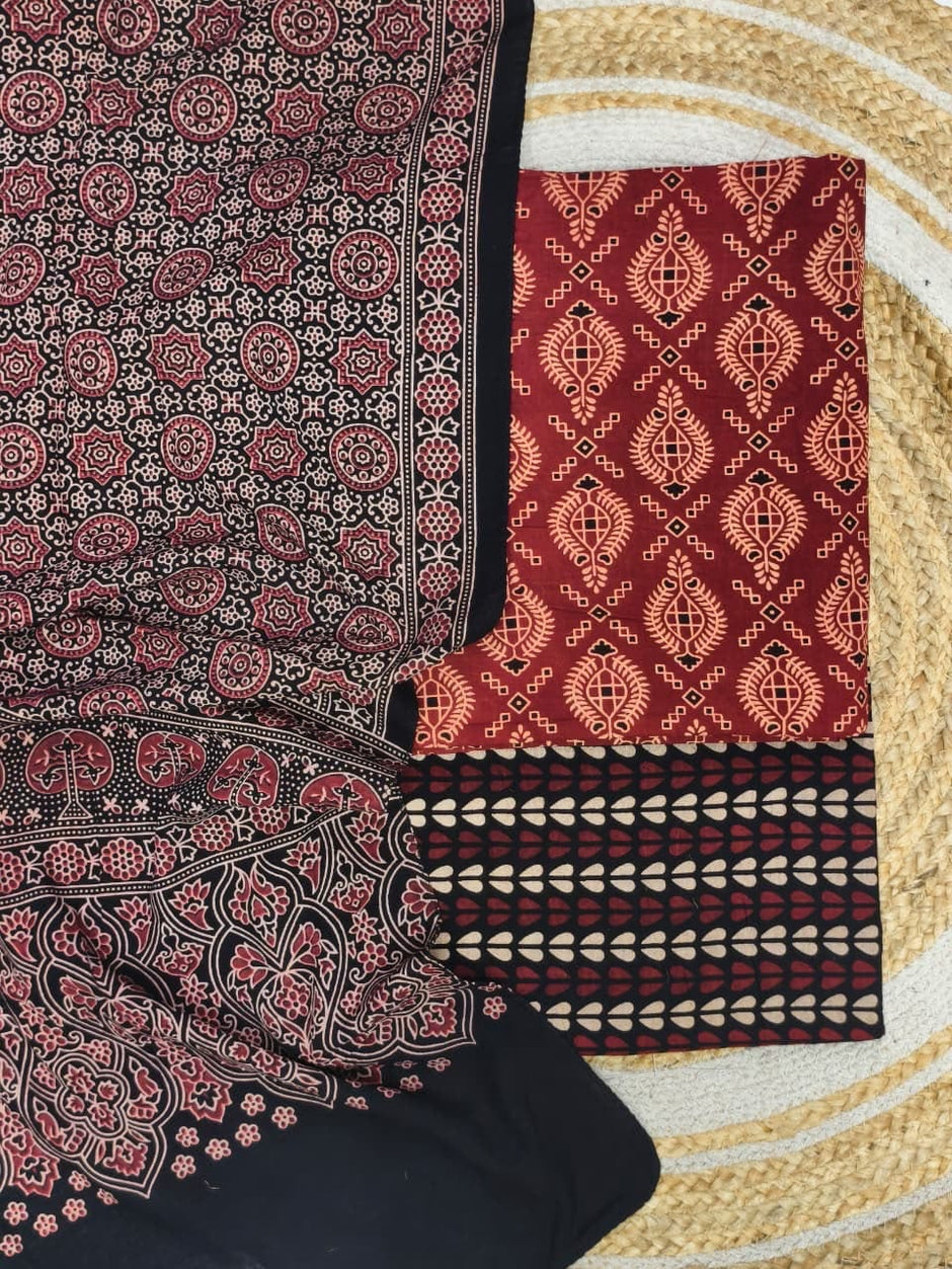 Pure Cotton Ajrakh Screen Print Natural Dye 3-Piece Suit 06 - The Ajrakh Studio