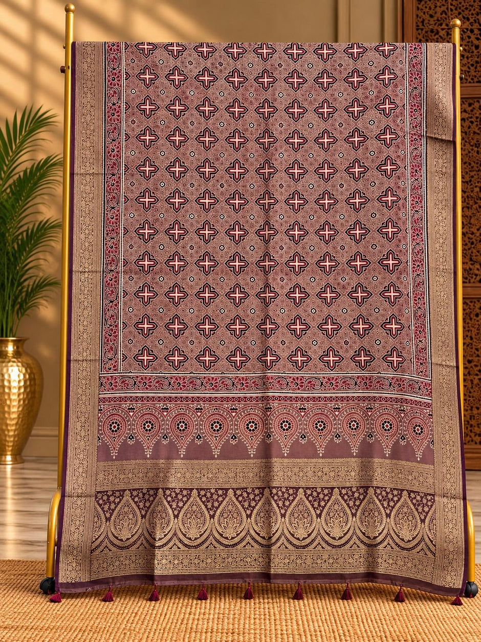 Dola Silk Ajrakh Hand Block Print Natural Dye Dupatta - The Ajrakh Studio
