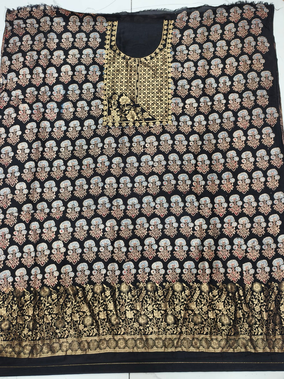 Premium Dola Silk Ajrakh Hand Block Print Natural Dye 2-Piece Suit with Zari Border Dupatta