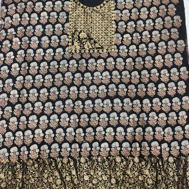Premium Dola Silk Ajrakh Hand Block Print Natural Dye 2-Piece Suit with Zari Border Dupatta