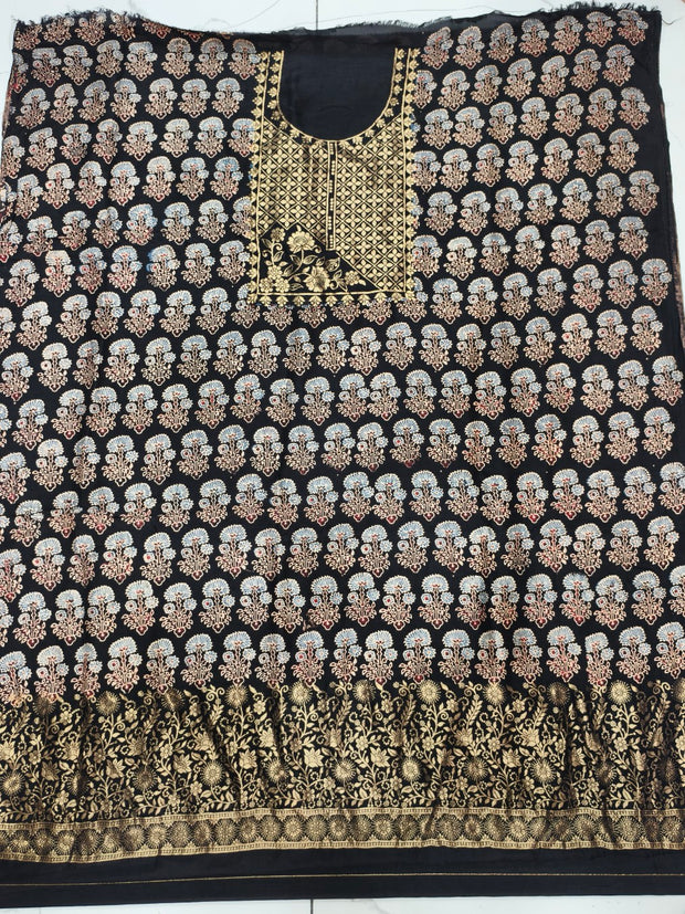 Premium Dola Silk Ajrakh Hand Block Print Natural Dye 2-Piece Suit with Zari Border Dupatta