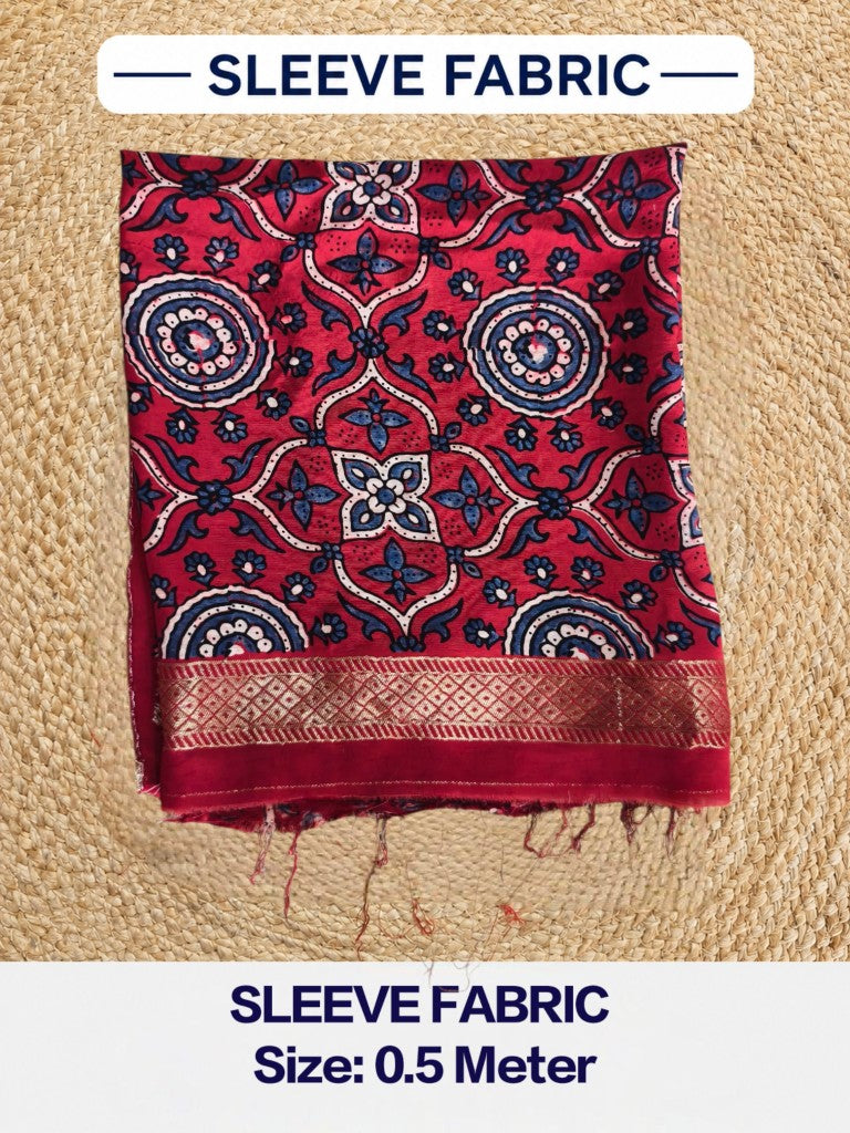 Premium Dola Silk Ajrakh Hand Block Print Natural Dye 2-Piece Suit with Zari Border Dupatta