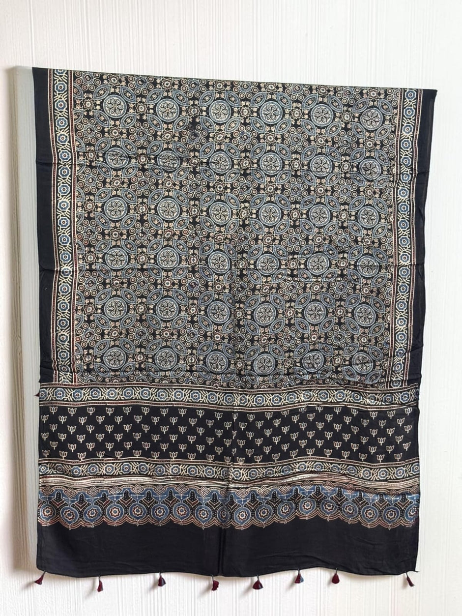Ajrakh Modal Silk Natural Dye Dupatta with Tassels 20 - The Ajrakh Studio