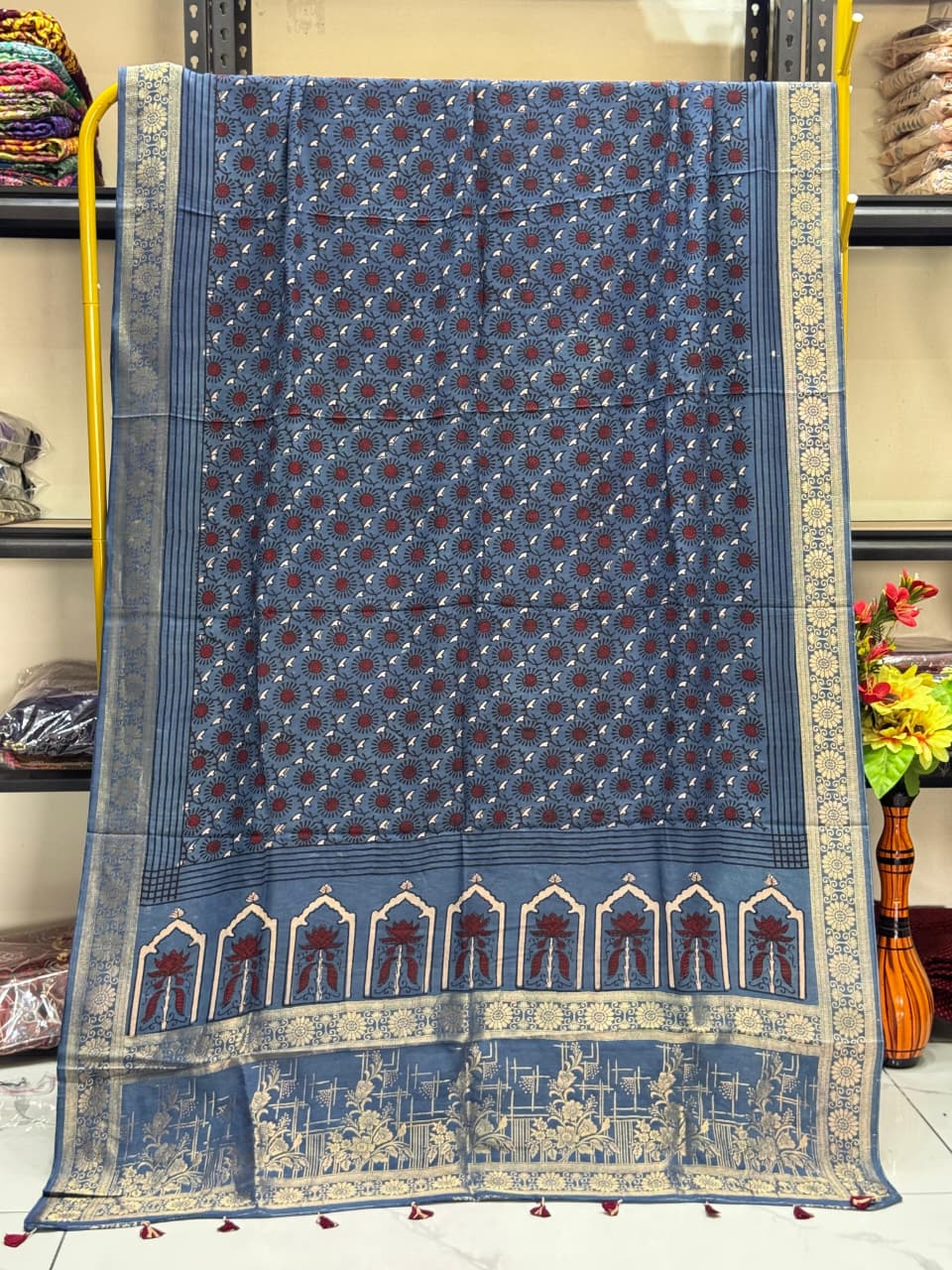 Dola Silk Ajrakh Hand Block Print Natural Dye Zari Pallu Dupatta 06 - The Ajrakh Studio