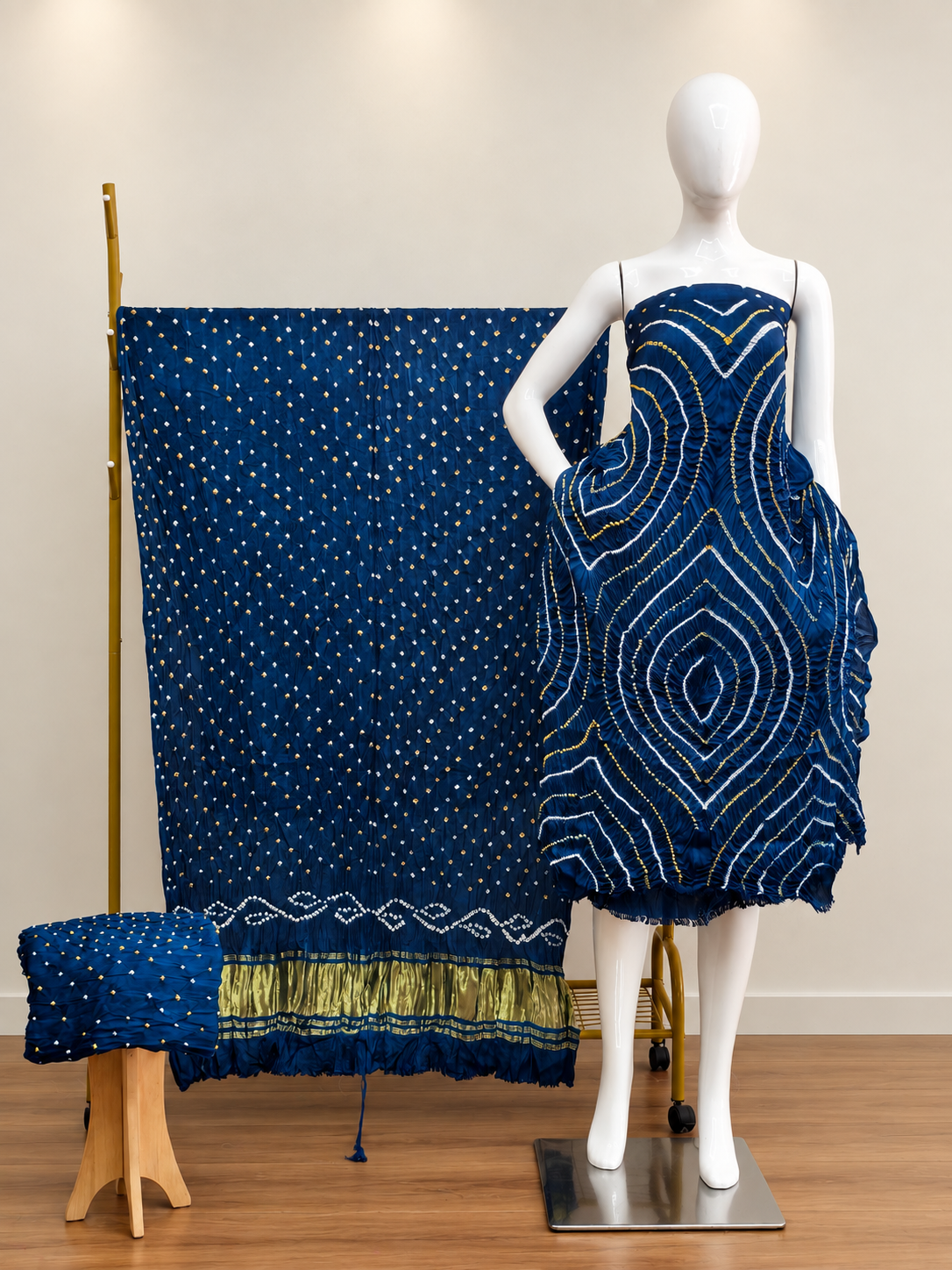 Premium Barik Bandhej Modal Silk 3-Piece Suit with Tissue Pallu - The Ajrakh Studio