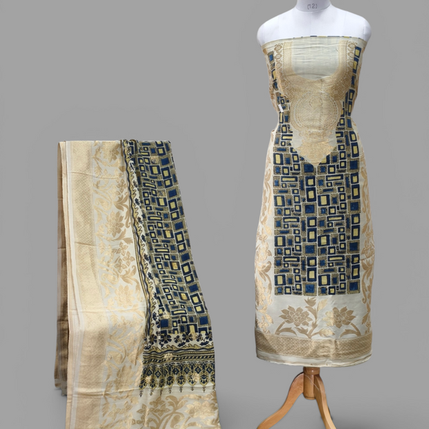 Premium Dola Silk Ajrakh Hand Block Print Natural Dye 2-Piece Suit with Zari Border Dupatta