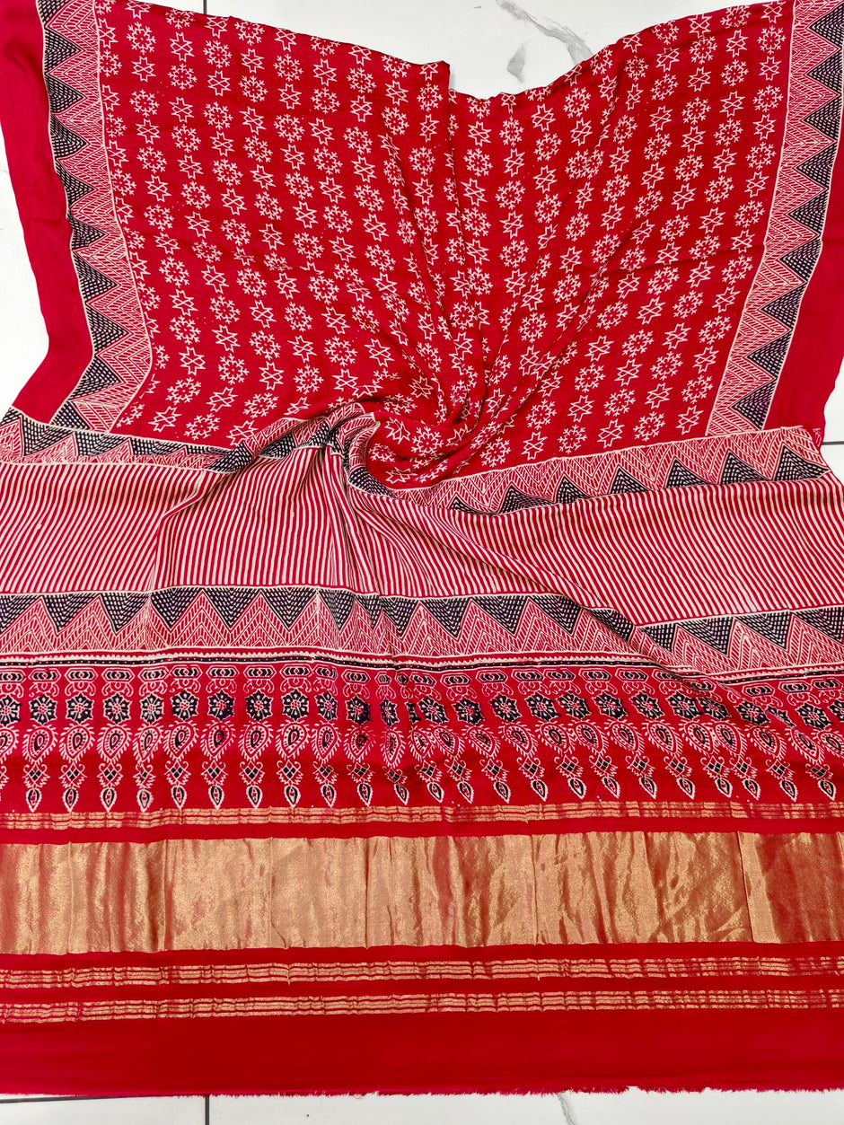 Premium Ajrakh Hand Block Print Modal Silk 3-Piece Suit Set with Zari Pallu Dupatta