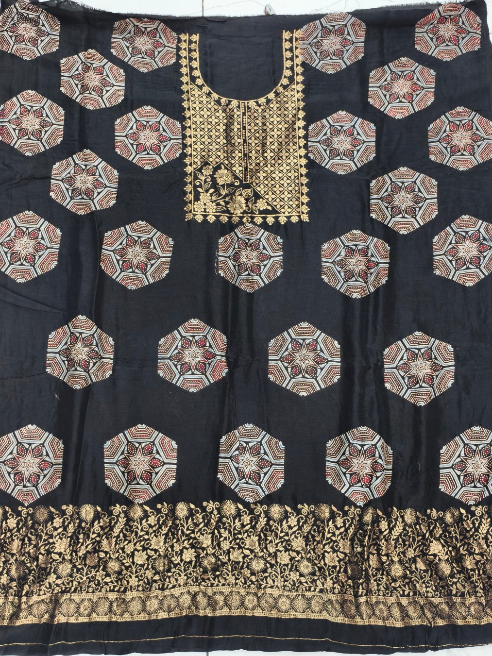 Premium Dola Silk Ajrakh Hand Block Print Natural Dye 2-Piece Suit with Zari Border Dupatta