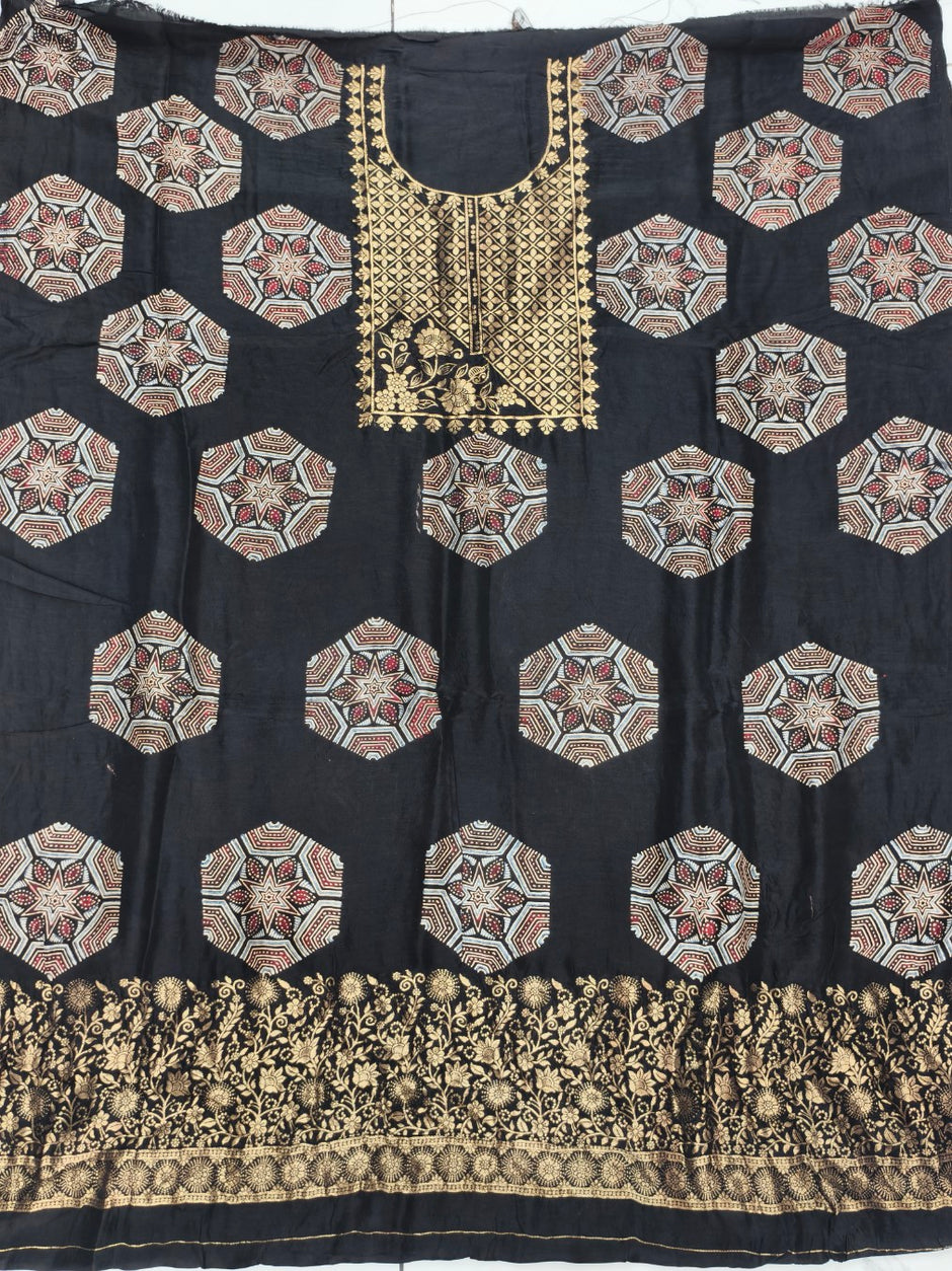 Premium Dola Silk Ajrakh Hand Block Print Natural Dye 2-Piece Suit with Zari Border Dupatta