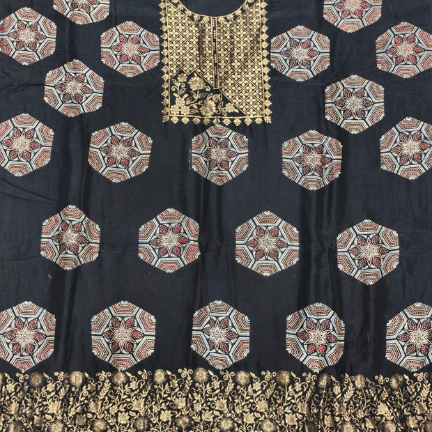 Premium Dola Silk Ajrakh Hand Block Print Natural Dye 2-Piece Suit with Zari Border Dupatta