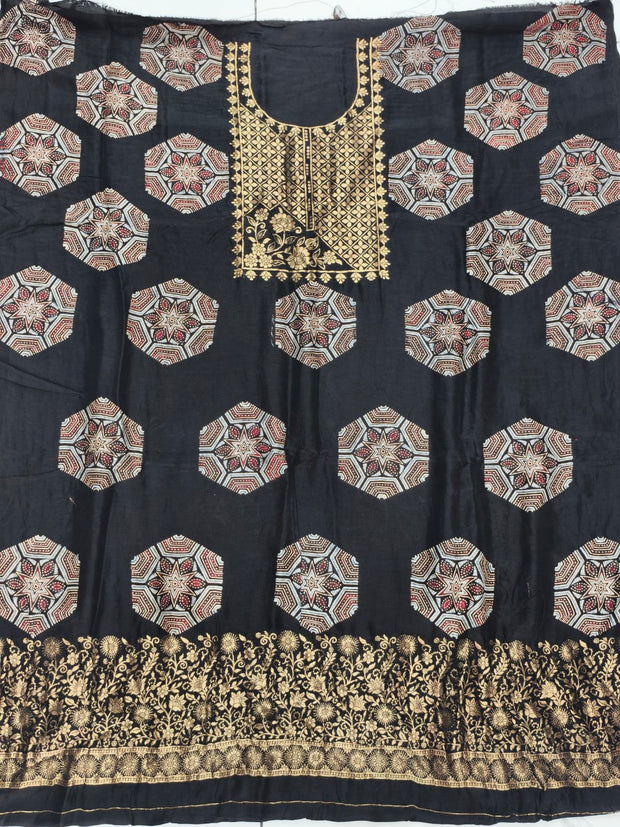 Premium Dola Silk Ajrakh Hand Block Print Natural Dye 2-Piece Suit with Zari Border Dupatta