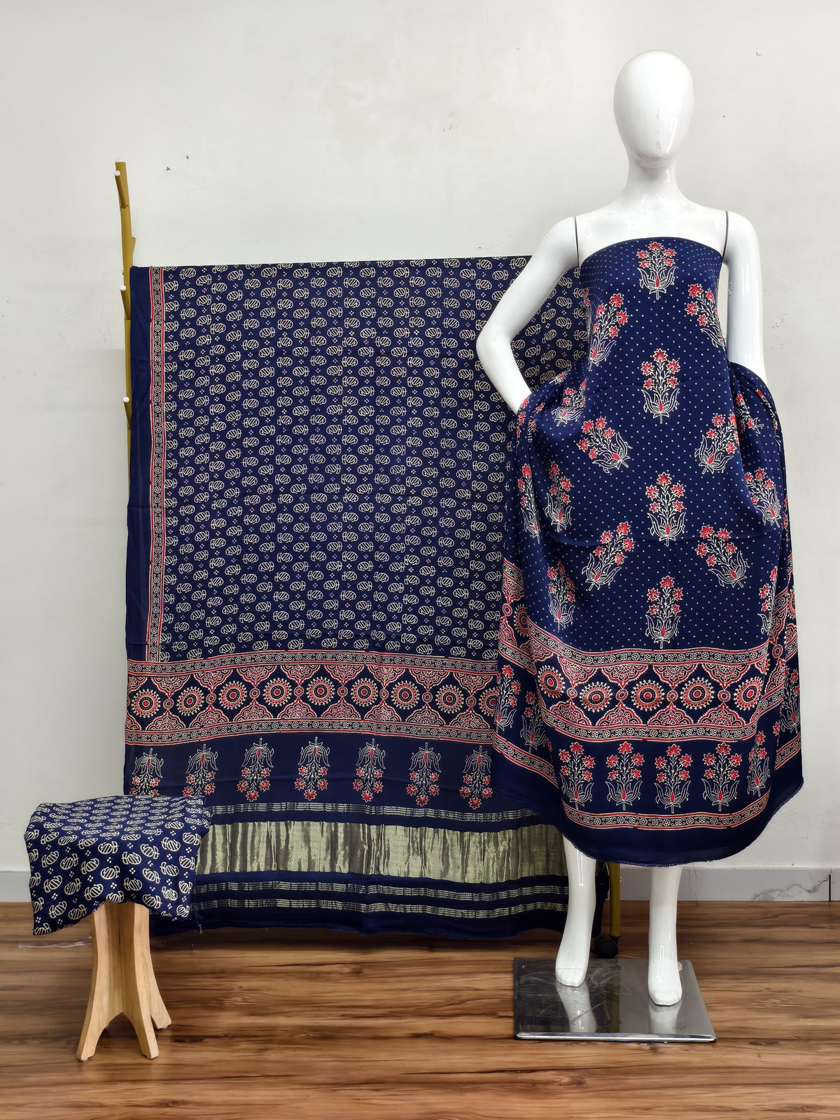 Havi Modal Silk Ajrakh Neptol Dye & Discharge Print Panel Design 3-Piece Suit - The Ajrakh Studio