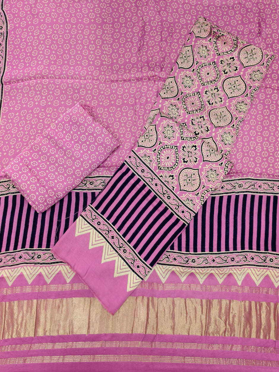 Premium Ajrakh Hand Block Print Modal Silk 3-Piece Suit Set with Zari Pallu Dupatta