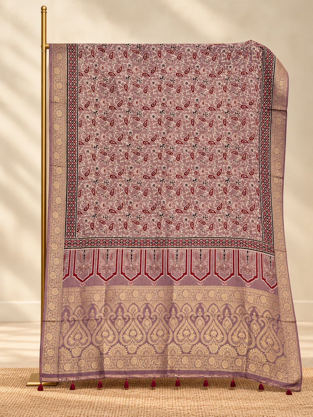 Dola Silk Ajrakh Hand Block Print Natural Dye Dupatta - The Ajrakh Studio