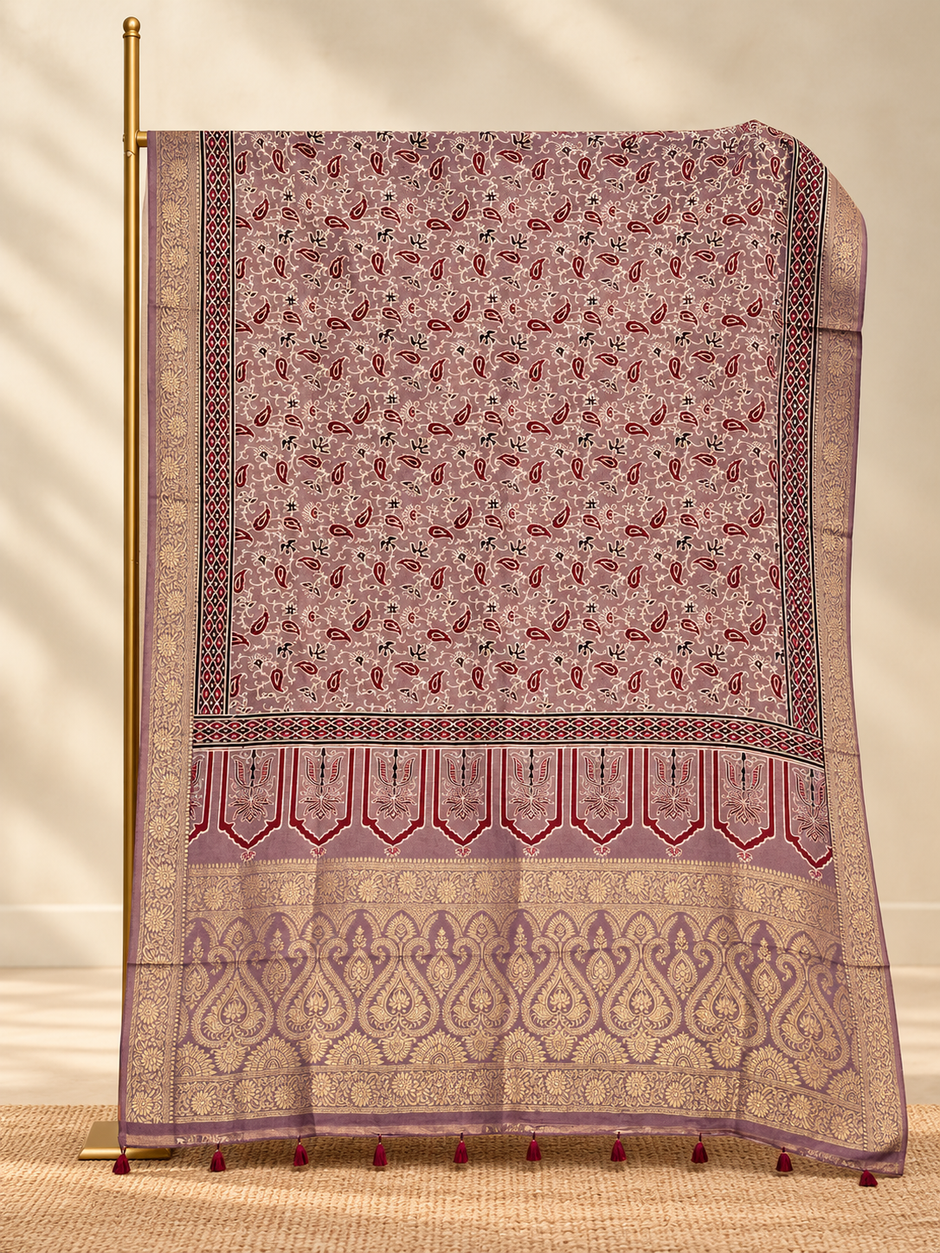 Dola Silk Ajrakh Hand Block Print Natural Dye Dupatta - The Ajrakh Studio